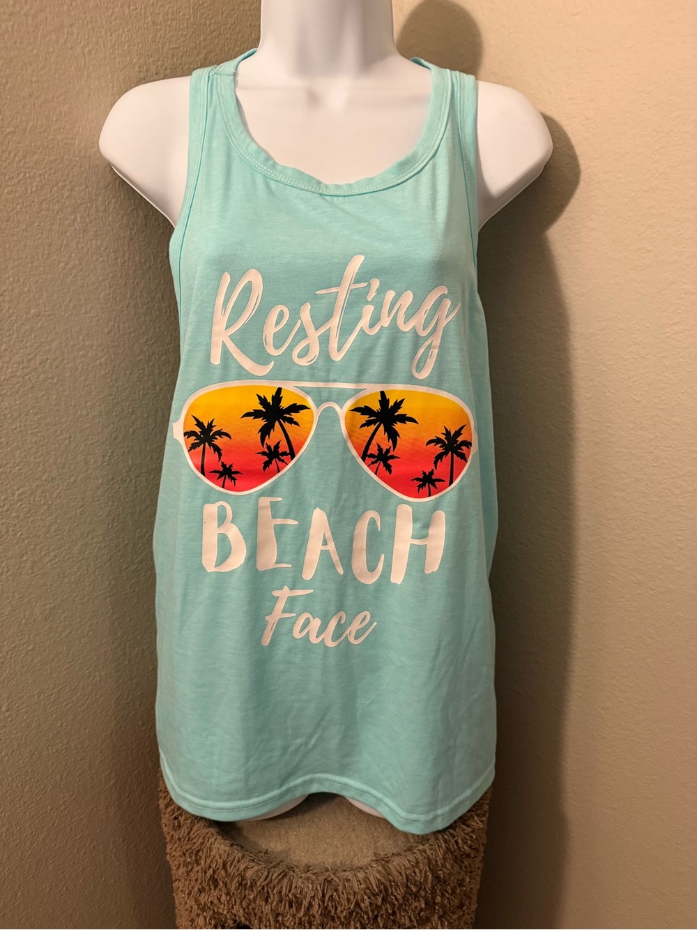 Aqua "Resting Beach Face" Tank with Sunset Sunglasses Graphic